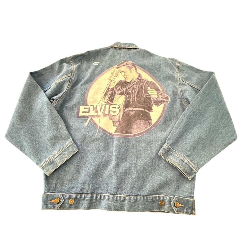 First Choice Elvis Denim Trucker Jacket Men XL Blue Graphic VTG 2000 Rock N Roll